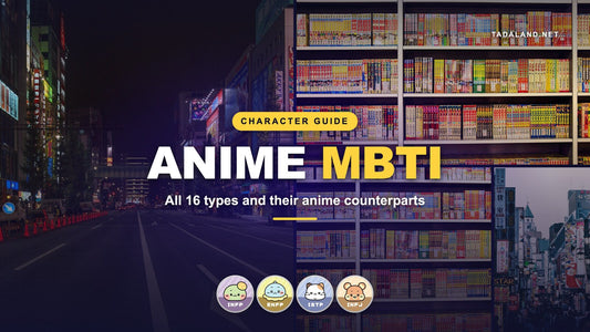 Tadaland Anime MBTI banner with manga bookshelves, Akihabara street at night and the Apollo, Jolly, Nico and Roro Tadamate personality characters