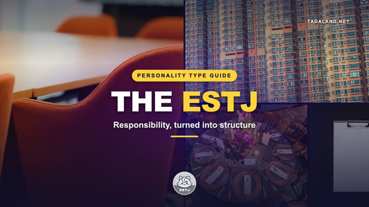 ESTJ personality type banner: a Hong Kong housing estate, a meeting room, a set banquet table and a clipboard, with the Cres (ESTJ) chip