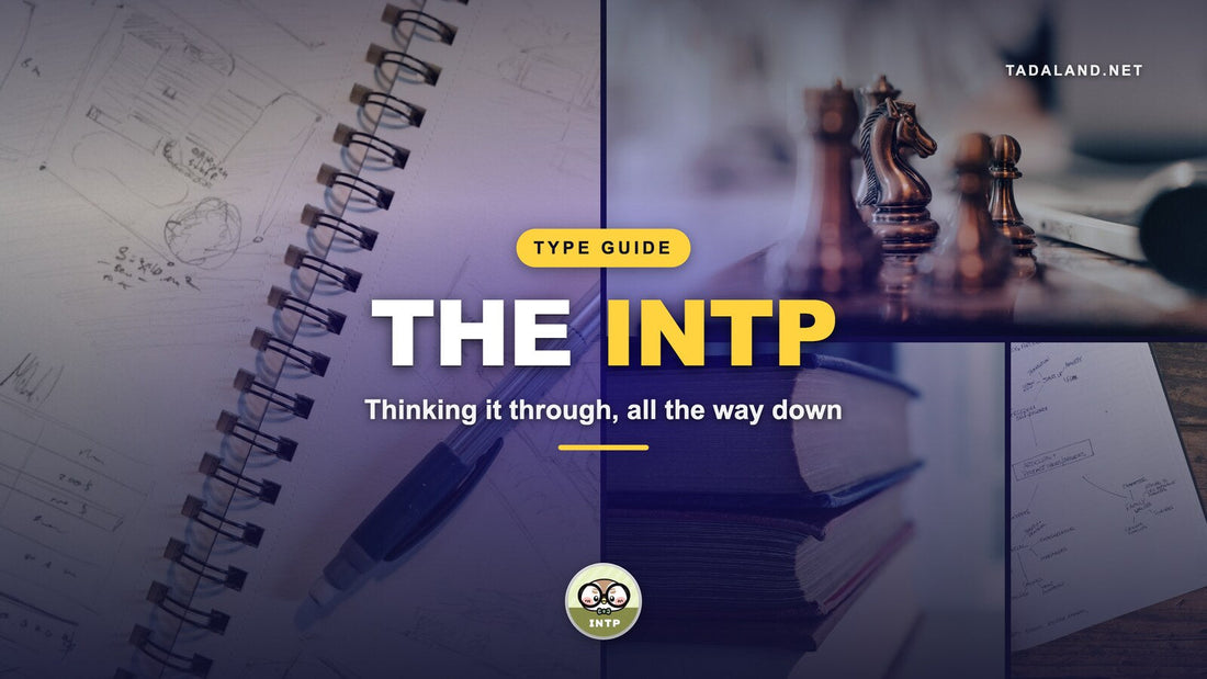 INTP personality type guide banner: a sketched notebook, bronze chess pieces, a stack of old books and a hand-drawn mind map, with Cappu-Cappu the INTP Tadamate from Tadaland