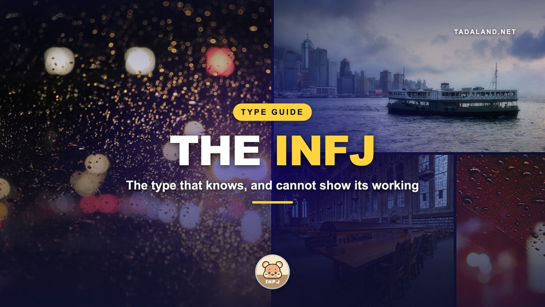 Tadaland banner reading The INFJ, over a collage of rain on a night window with golden bokeh, a Star Ferry crossing Victoria Harbour in mist and a quiet library reading room, with the Roro INFJ Tadamate character