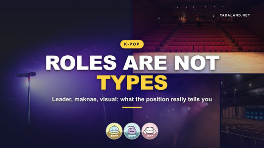 Tadaland banner reading Roles Are Not Types, over a collage of an empty concert hall with red seats, a lone microphone stand under a spotlight and purple stage haze, with the Jolly ENFP, Taro ESFP and Mellow ISFP Tadamate characters
